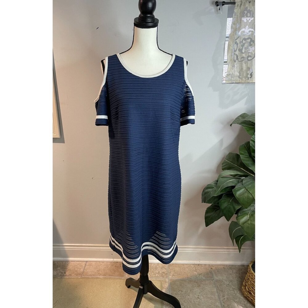 Always Indigo Cold Shoulder Dress Size L Blue Textured Stripes Polyester/Spandex